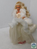 Barbie doll in Holiday white dress with stand