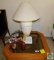 Wood Coffee Table with Beveled Edge Glass Top & Lamp