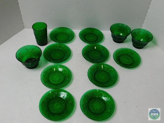 Green Glass Lot Dessert Bowls, Juice Glass, and Saucers