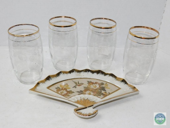 Lot 4 Gold Rimmed Etched Glasses & Art of Chokin Fan