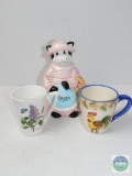 Lot of 2 Coffee Cups and Cow Sugar Ceramic Canister