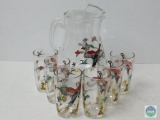 Glass Juice Pitcher and 6 Matching Glasses vintage Pheasant Print