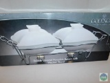 New Godinger Silver Art Double Porcelain Chafing Dishes w/ Warmer Stand