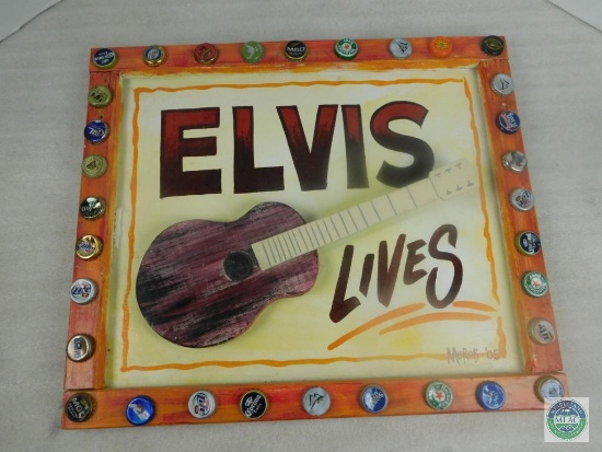 Handpainted Wood Sign Elvis Lives Guitar & Beer Caps