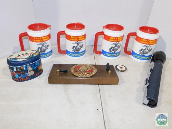 Lot 4 US Marine Mugs, Pen Holder, Pin, Flashlight & Tin