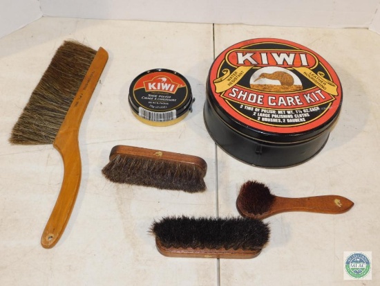Lot Shoe Shine Brushes & Vintage Kiwi Care Kit Tin