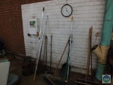 Lot of First Aid Kit Brooms Shovels Stools and Scrapers