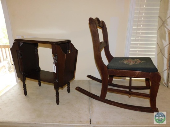 Vintage Wood Side Table & Small Rocking Chair