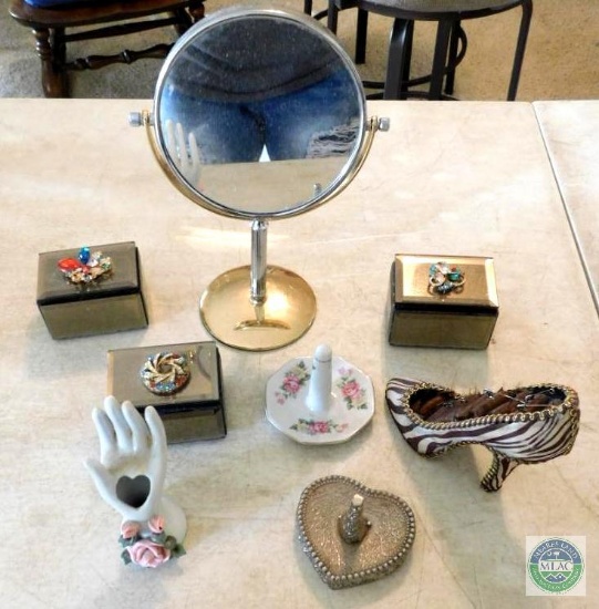 Lot of Ring Holders / Jewelry Trinket Boxes & Mirror
