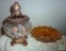 Glass Potpourri Holder & Depression Glass Amber Nut Bowl