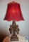 Bronze Ornate Scroll Table Lamp Red Scalloped Shade
