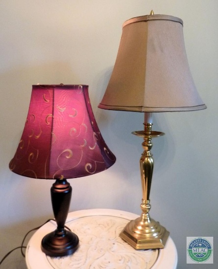 Lot of 2 Table Lamps - Brass and Brown finish with Taupe and Red Shades