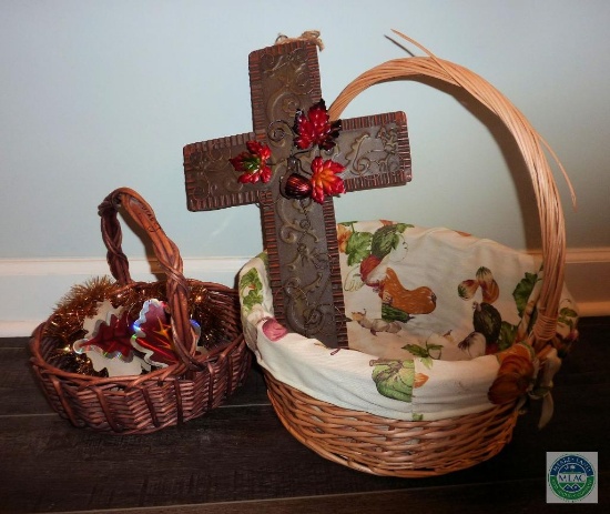 Lot of Fall Holiday Decor Baskets Metal Cross and Fall Leaves Garland
