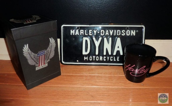 Harley Davidson Lot Dyna License Plate, Eagle Gift Box, and Ladies Coffee Mug