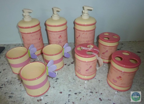 3 New Sets of Porcelain Vanity Items Soap Dispensers, Toothbrush Holders, & Cups