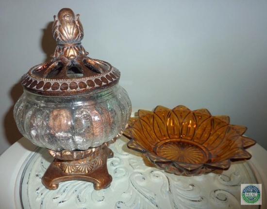 Glass Potpourri Holder & Depression Glass Amber Nut Bowl