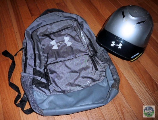 Lot Under Armor Batting Baseball Helment & Backpack / Bookbag