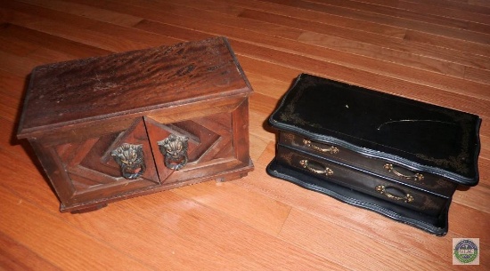 Lot 2 Jewelry Boxes includes 1 Vintage Wood Music Box Lion Head Handles