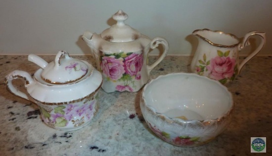 Lot Antique Porcelain Creamer Sugar + German Wheelock + Roses & Gold