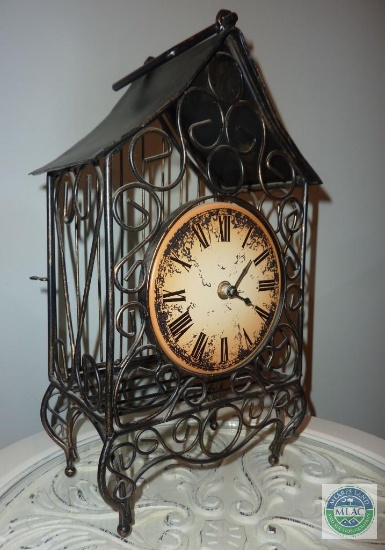Metal Birdcage Birdhouse like TableTop Clock Rubbed Bronze like Finish
