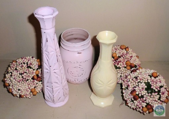 Lot 3 Hand painted Glass Vases & Mason Jar and 3 Beaded Ornament Balls