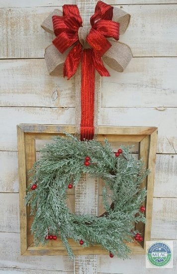 Wood Frame Decorative Christmas Wreath Burlap & Red Bow