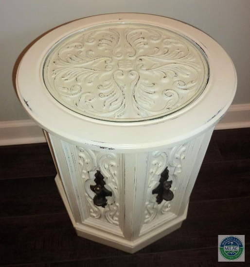 Side Table Hexagon Shape with Glass Top Creamy White Distressed Finish Iron Knobs