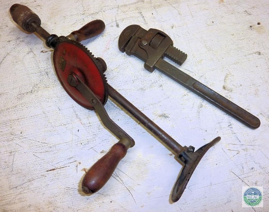 Vintage Tool Lot Stillson Pipe Wrench & Mohawk Shelburne Hand Drill