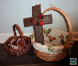 Lot of Fall Holiday Decor Baskets Metal Cross and Fall Leaves Garland