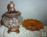 Glass Potpourri Holder & Depression Glass Amber Nut Bowl