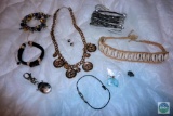 Lot of Costume Jewelry Cowrie Shell Necklace, Bracelets, Pierced Earrings, Pocket Watch +