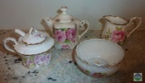 Lot Antique Porcelain Creamer Sugar + German Wheelock + Roses & Gold