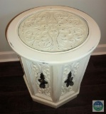Side Table Hexagon Shape with Glass Top Creamy White Distressed Finish Iron Knobs