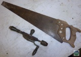 Vintage Wood Handle Hand Saw & Stanley Manual Drill