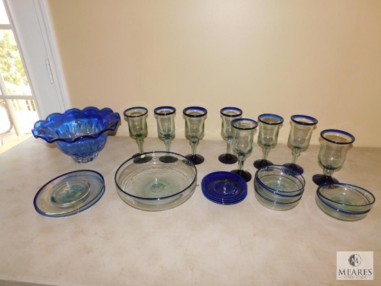 Lot of Cobalt Blue & Clear Glass Dinnerware Goblets Plates & Bowls