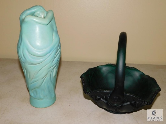 Lot Frosted Green Glass Basket & Briggle "Mermaid" Vase
