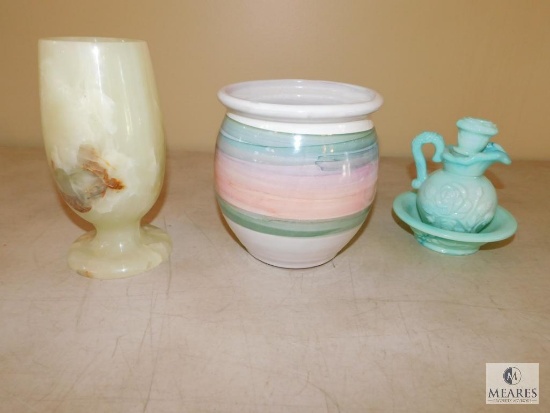 Heavy Jade or Marble Vase Pottery Planter & Avon Bath Oil Jar
