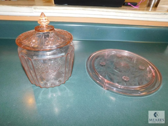 Lot Pink Depression Glass Candy Dish Jar & Pedestal Tray