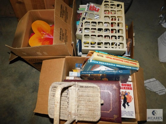 Lot Household Books, Electronics, Silverware, Baskets, Mirror, Storage Bins, +