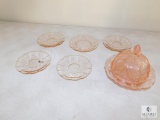 Pink Depression Glass Lot Saucers & Butter Dish