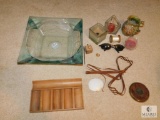 Lot Large Glass Bowl, Candles, Frog Pottery Vase & Wood Items