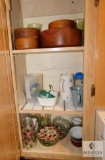 Contents Kitchen Cabinet - Lot Wooden Bowls, Glasses, Pyrex, etc