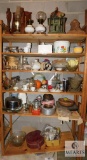 Shelf Contents - Vintage Glasses, Porcelain Items, Pottery, Lamps, Wood