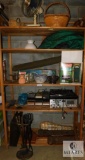 Shelf Contents - Fireplace Poker Set, Coleman Camping Gear, Vintage Music Instruments, +
