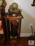 Wood Plant Stand with Decorations Silver Bowl Glass Balls, etc