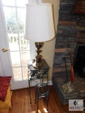 Brass Table Lamp & Metal Table & Metal Plant Stand