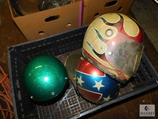 Lot of 3 Heavy Metal Flake Motorcycle Helmets Flamed, Rebel Flag, Green