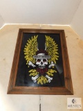 Harley Davidson Framed Glass Skull Crossbones with Wings Picture