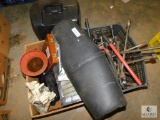 Lot of Motorcycle Parts Seat, Hydraulic Jack, Tire Tools, Seat Covers, +