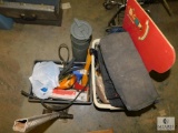 Lot of Bumper Jack, Hatchet, Metal Can, Tool Bag, +
